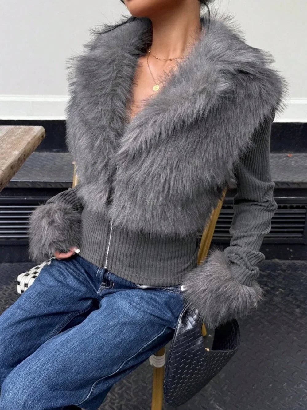 Dark Grey Casual Women's Street Style Faux Fur Zip-Up Long Sleeve Jacket